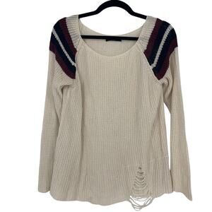 Brandy Melville Cotton Knit Cream Sweater with Stripe Shoulder and Distress OSFM